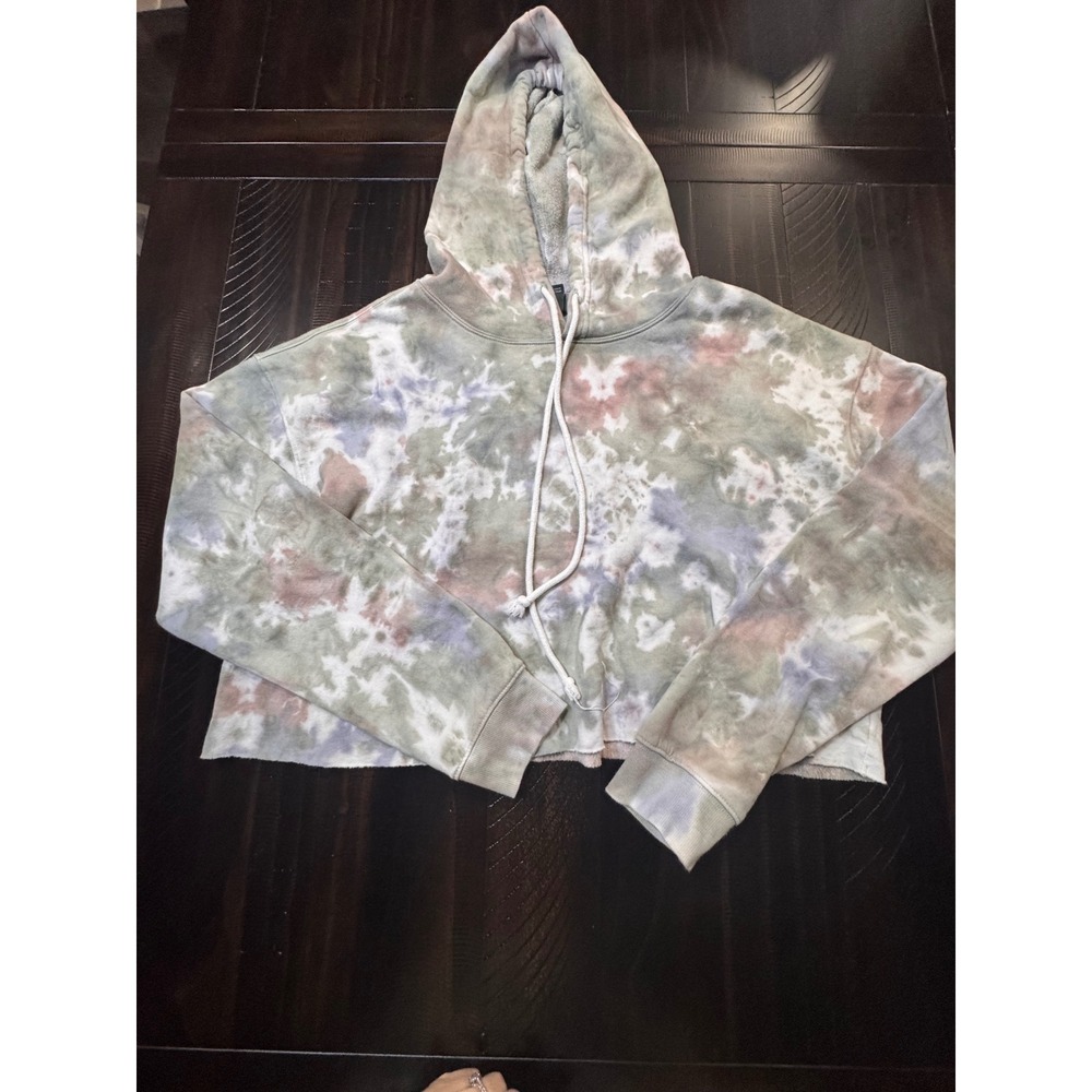 Wild Fable Tie Dye Cropped Hoodie XL Green Mauve Raw Hem Sweatshirt